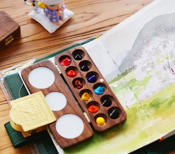 Walnut Watercolour Travel Paint Box Paint Case Wooden Palette 4 8 12 24 Well Etsy