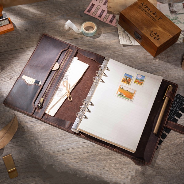 Classeur En Cuir Véritable Personnalisable Soleil Avec Pierre – 3 Anneaux A4, Organiseur Vintage Mariage & Bureau