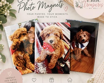 May include: Three rectangular custom photo magnets featuring images of dogs. The left magnet shows a person holding a brown dog. The center magnet displays a brown puppy with a red bow. The right magnet shows a dog wearing a striped bandana.