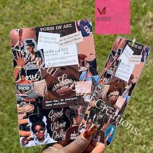 May include: Two rectangular art prints with collage designs, held against a green grassy background. The prints feature images of women, text, and the words "FORM OF ART" and "Good Vibes Only." A pink square with a butterfly logo is visible.