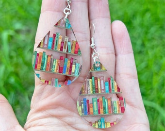 Acryldruppeloorbellen boek, sterlingzilveren haken, cadeau boekenliefhebber