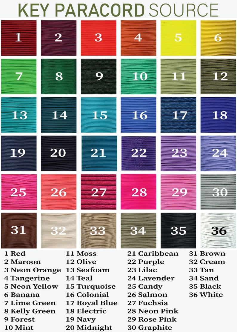 May include: A color chart titled KEY PARACORD SOURCE displaying 36 numbered swatches of paracord in various shades including red, green, blue, pink, brown, black, and white, with a corresponding list of color names provided at the bottom.