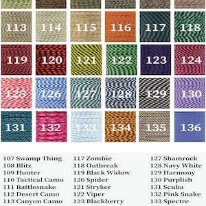 May include: A grid of thirty square swatches of paracord in various colors and patterns, each labeled with a number from 107 to 136. Below the grid, a list provides the corresponding names for each numbered paracord style, titled KEY PARACORD SOURCE.