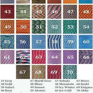 May include: A grid of paracord samples labeled 37 through 70, displaying various solid colors and multi-colored patterns. Each square features a numbered label. The text KEY PARACORD SOURCE appears at the top, with a corresponding color legend below.