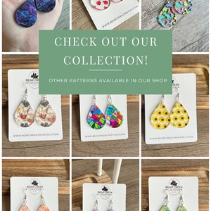 May include: A collection of colorful, handmade resin earrings in various patterns, including apples, sunflowers, and abstract designs. The earrings are teardrop shaped and have silver hooks. The text "CHECK OUT OUR COLLECTION!" and "OTHER PATTERNS AVAILABLE IN OUR SHOP" is displayed on the image.