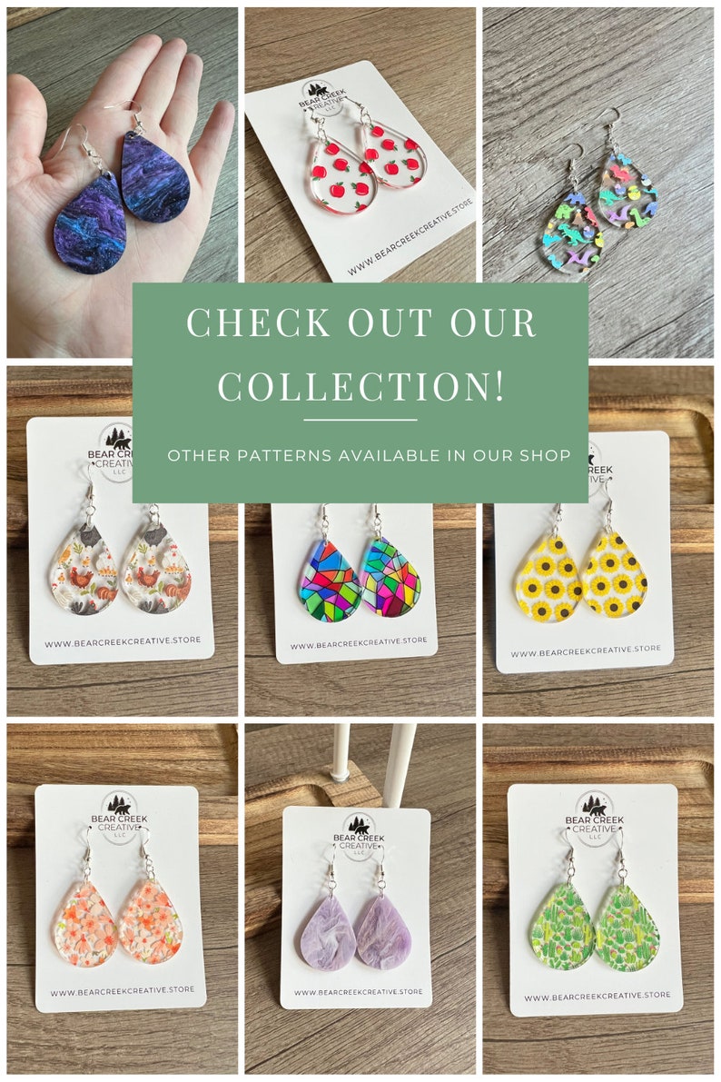 May include: A collection of colorful, handmade resin earrings in various patterns, including apples, sunflowers, and abstract designs. The earrings are teardrop shaped and have silver hooks. The text "CHECK OUT OUR COLLECTION!" and "OTHER PATTERNS AVAILABLE IN OUR SHOP" is displayed on the image.