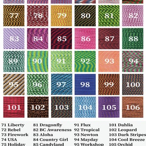 May include: A color chart titled KEY PARACORD SOURCE displaying thirty-six numbered swatches of braided cord in various patterns and colors, ranging from 71 to 106, with a corresponding list of names for each numbered cord pattern below the grid.