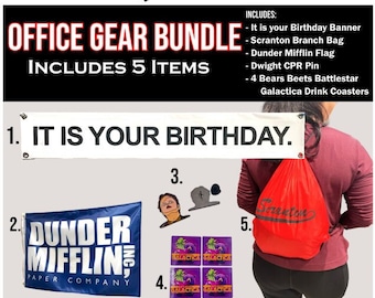 The Office Gear Bundle - The Office Banner - The Office Birthday Decor - Dunder Mifflin Flag - The Office wall Decor - It IS YOUR BIRTHDAY