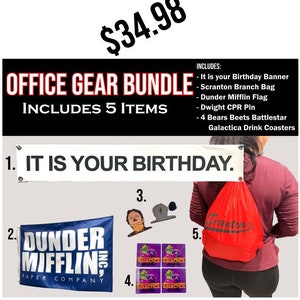 The Office Gear Bundle - The Office Banner - The Office Birthday Decor - Dunder Mifflin Flag - The Office wall Decor - It IS YOUR BIRTHDAY