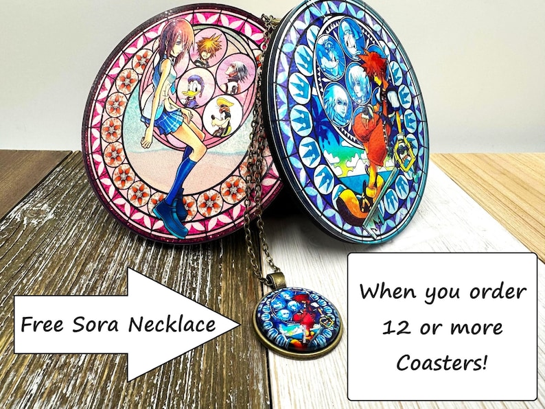 May include: Two round coasters featuring stained glass designs from the Kingdom Hearts video game series. The coaster on the left features Kairi, Donald Duck, and Goofy. The coaster on the right features Sora, Riku, and Mickey Mouse. A free Sora necklace is included when you order 12 or more coasters.