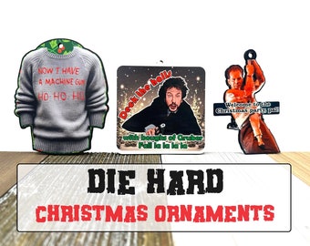 Die Hard Christmas Ornaments - Hans Gruber - John McClane - Nakatomi Plaza - Bruce Willis - Alan Rickman - Funny Christmas Ornaments - white
