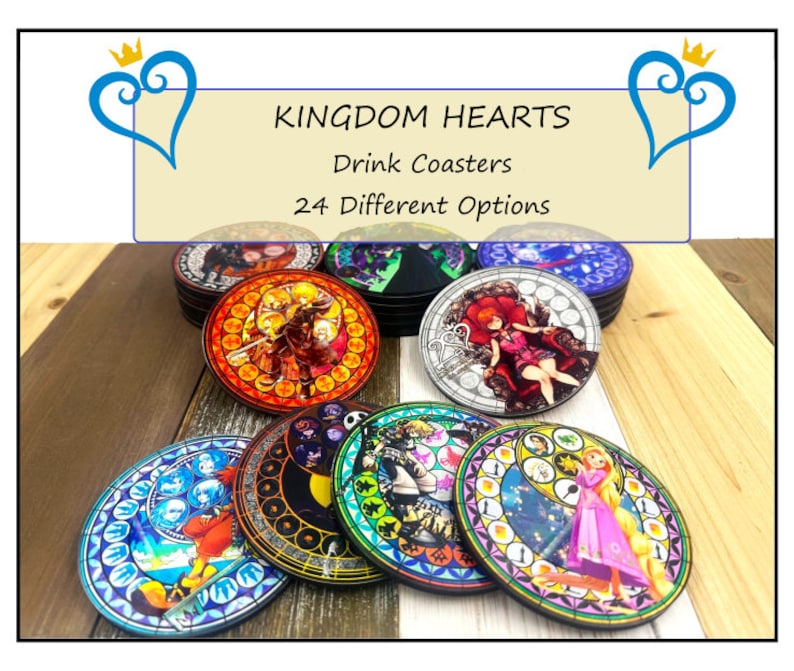 May include: A set of 24 Kingdom Hearts drink coasters featuring stained glass designs of characters from the video game series. The coasters are round and have a black border. The designs include Sora, Riku, Kairi, and other characters.