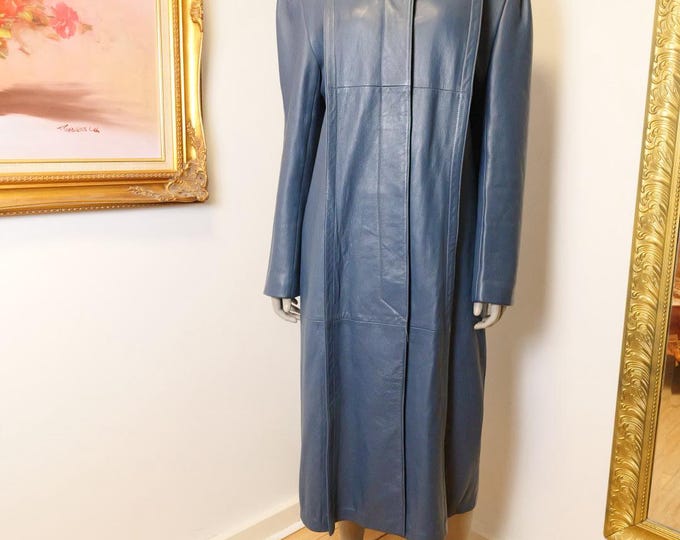 Leathers By New England Long Blue Leather Trench Coat