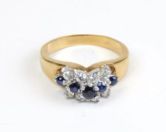 Vintage Gold Tone Ring: Faux Blue Stones, Diamonds, 1980s Style