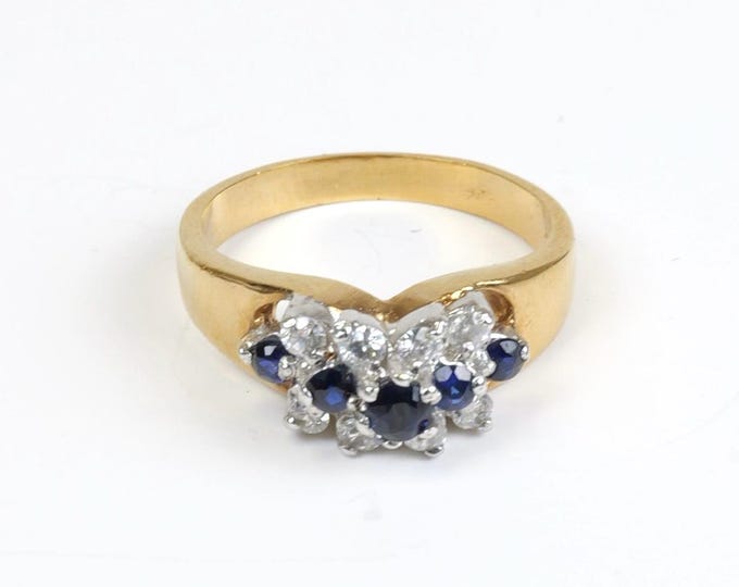 Vintage Gold Tone Ring: Faux Blue Stones, Diamonds, 1980s Style