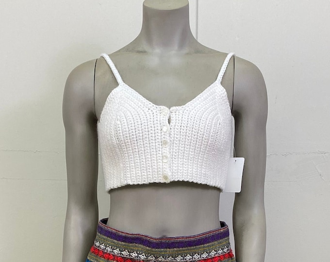 White Hand Knit Crop Top / Womens Crochet Top / White Summer Crop Tank Top