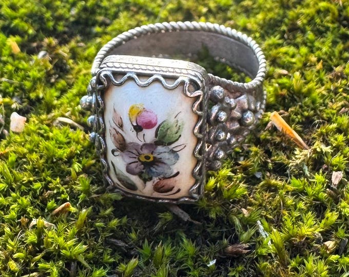 Hand Painted Floral Ring, Vintage Silver Tone Filigree, Size 6