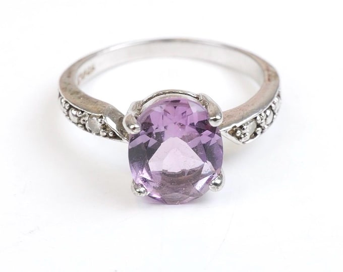 Vintage Sterling Silver Amethyst Solitaire Ring with CZ - Size 7.5