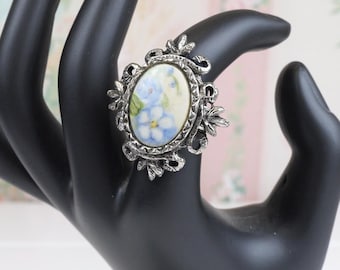 Romantic Women's Vintage Hand Painted Flower Cabochon Adjustable Silver Tone Ring Gift for her cottage core
