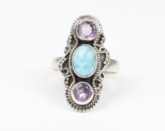 Larimar and amethyst ring in sterling silver size 7
