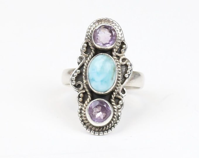 Larimar and amethyst ring in sterling silver size 7