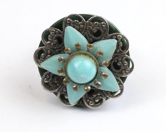Vintage Turquoise Lucite Star Silver Tone Filigree Adjustable Ring