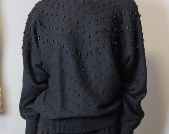 Vintage 80s Black Beaded Sweater: Annees Lauder Batwing Pullover