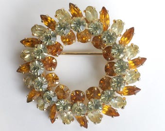 Women’s vintage signed Sherman Brooch / Gold Tone Rhinestone Wreath 1960’s Sparkly Pin / Gift For Her / Special Occasion Jewelry