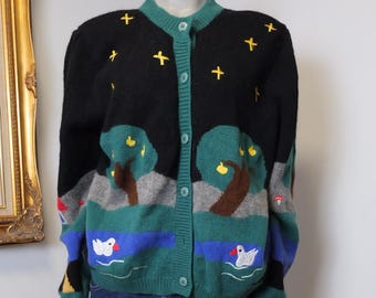 AS IS Amazing vintage cardigan sweater with mushrooms ducks and apple trees / Women’s vintage cozy themed sweater / 100% wool vintage