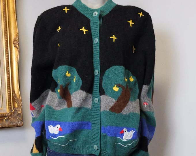 AS IS Amazing vintage cardigan sweater with mushrooms ducks and apple trees / Women’s vintage cozy themed sweater / 100% wool vintage