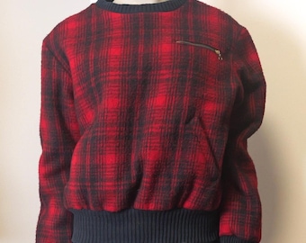 Vintage Ralph Lauren Wool Crewneck Sweater / Red Plaid Outerwear / Vintage Streetwear / Hiking Sweater / Thick Lined Jacket