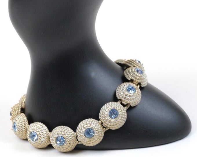 Icy Blue Rhinestone White Powdered Silver Tone Basketweave Link Bracelet Vintage 1950’s 1960’s