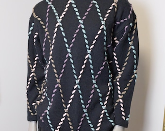 Vintage 80s Sweater: Shoelace Weave, Pastel Rainbow on Black