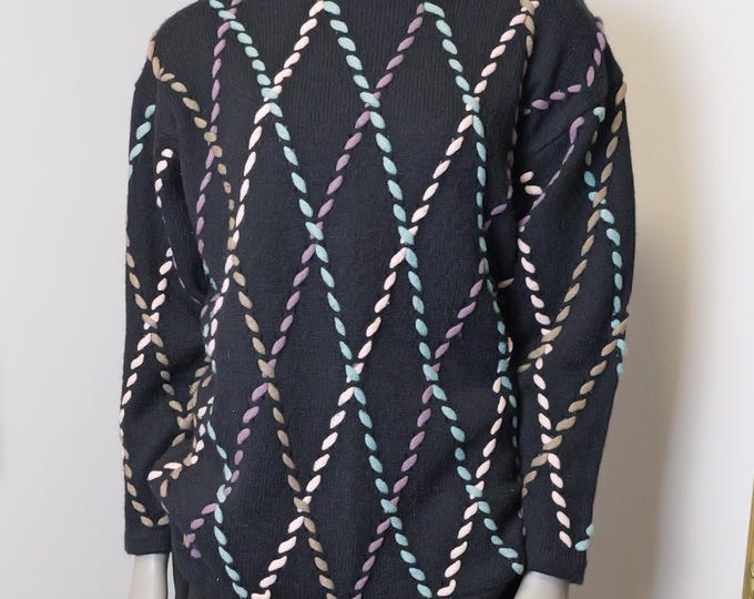 Vintage 80s Sweater: Shoelace Weave, Pastel Rainbow on Black