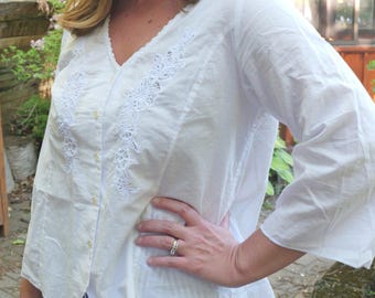 April Cornell White Cotton Blouse: Embroidered V-Neck Top