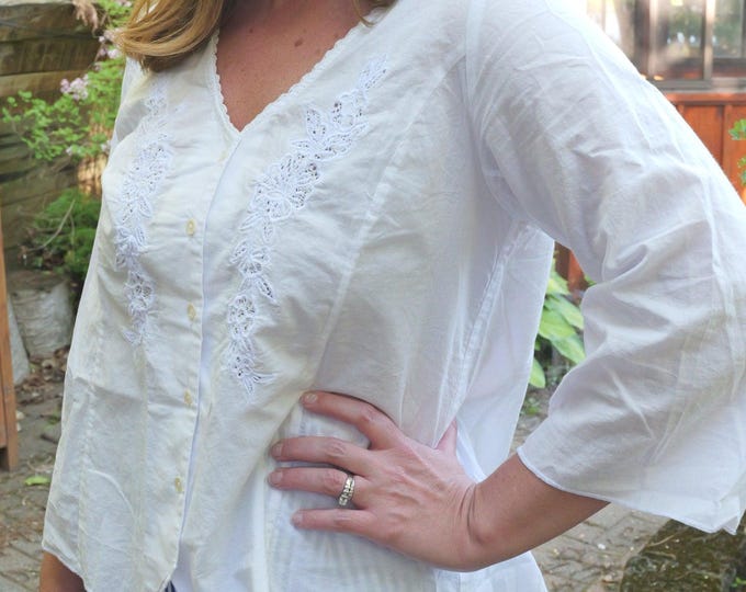 April Cornell White Cotton Blouse: Embroidered V-Neck Top