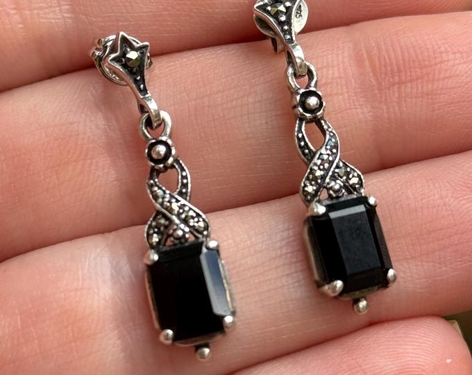Sterling Silver Earrings, Art Deco Marcasite Black Onyx Faceted Drop 1940's