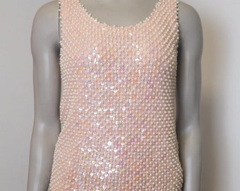 1960’s Beaded Top / Pearl And Sequins Vintage Tank Top / Pink Top / Dressy Vintage Blouse / Pop Top / Antique Beaded Blouse