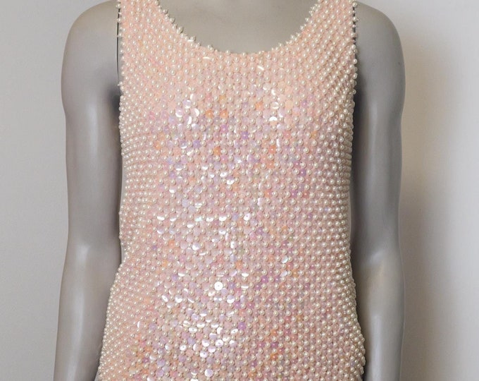 1960’s Beaded Top / Pearl And Sequins Vintage Tank Top / Pink Top / Dressy Vintage Blouse / Pop Top / Antique Beaded Blouse