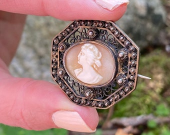 Antique Carved Shell Cameo Brooch: 800 Silver Filigree and Cannetille work
