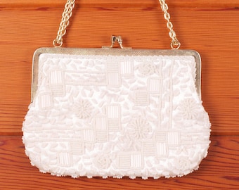 Pequeño bolso de noche con cuentas blancas de la década de 1960 / Bolso vintage de mujer para evento o boda / Embrague formal blanco / Bolsos con cuentas