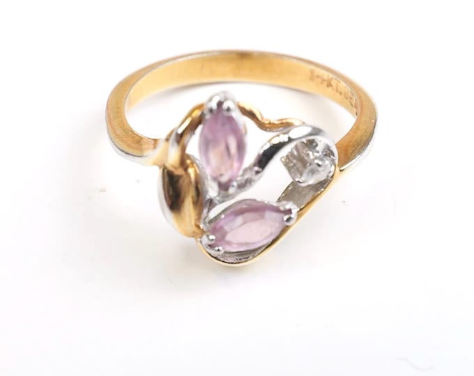 Vintage Gold Plated Ring: Pink Amethyst Rhinestone Flower, Size 6 1/2