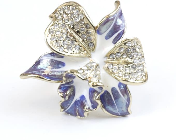 Signed Swarovski Pave Rhinestone Blue White Enamel Orchid Vintage Ring