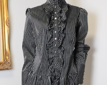 Women’s Victorian Flounce Pirate Blouse / Vintage Black And Silver Striped Button Down / Secretary Blouse / Dressy Top / Office Work Blouse