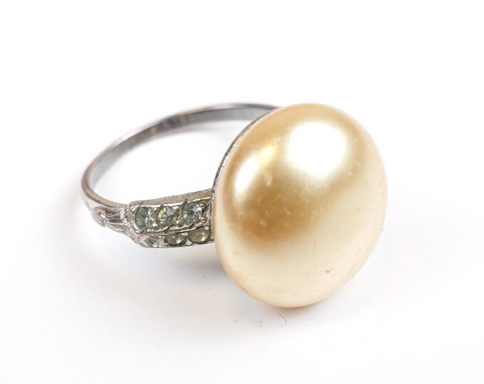 Vintage Edwardian Faux Pearl Ring, Rhinestone Sterling Silver, Size 6 1/4