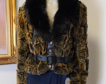 Vintage Rabbit Fur Coat: Black Collar Trim, Leather Belt - 80s Style
