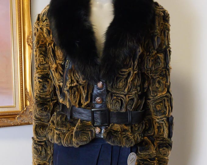 Vintage Rabbit Fur Coat: Black Collar Trim, Leather Belt - 80s Style