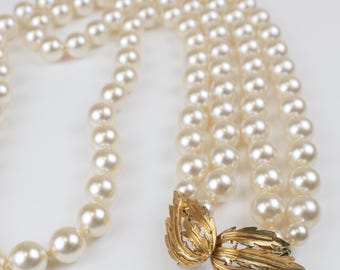 Vintage Faux Pearl Necklace: Double Strand Knotted Design, Gold Clasp