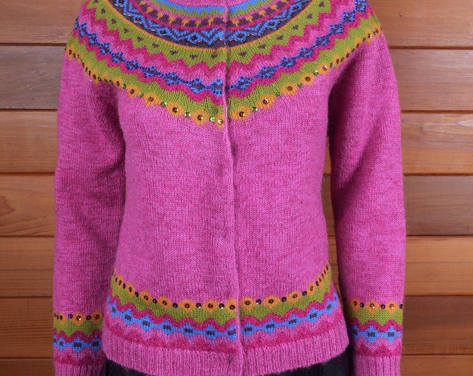 Rene Derhy Vintage Women’s Cardigan Sweater / FaireIsle Vintage Wool Sweater / Librarian Core Pink Vintage Sweater With Sequins / Ski
