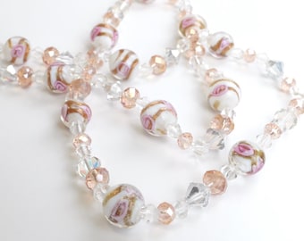 Vintage Lampwork Glass Beaded Necklace: Murano Rose & Crystal
